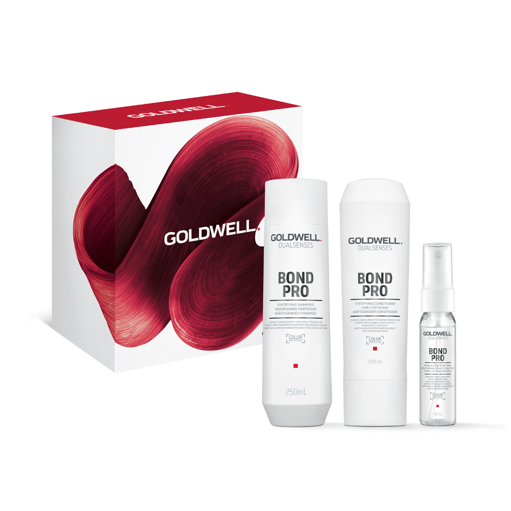 Goldwell Dualsenses komplekts: DUALSENSES BOND PRO atjaunojošs šampūns bojātiem matiem, 250ml • DUALSENSES BOND PRO atjaunojošs kondicionieris bojātiem matiem, 200ml •Sprejs matu struktūras atjaunošanai, 30 ml
